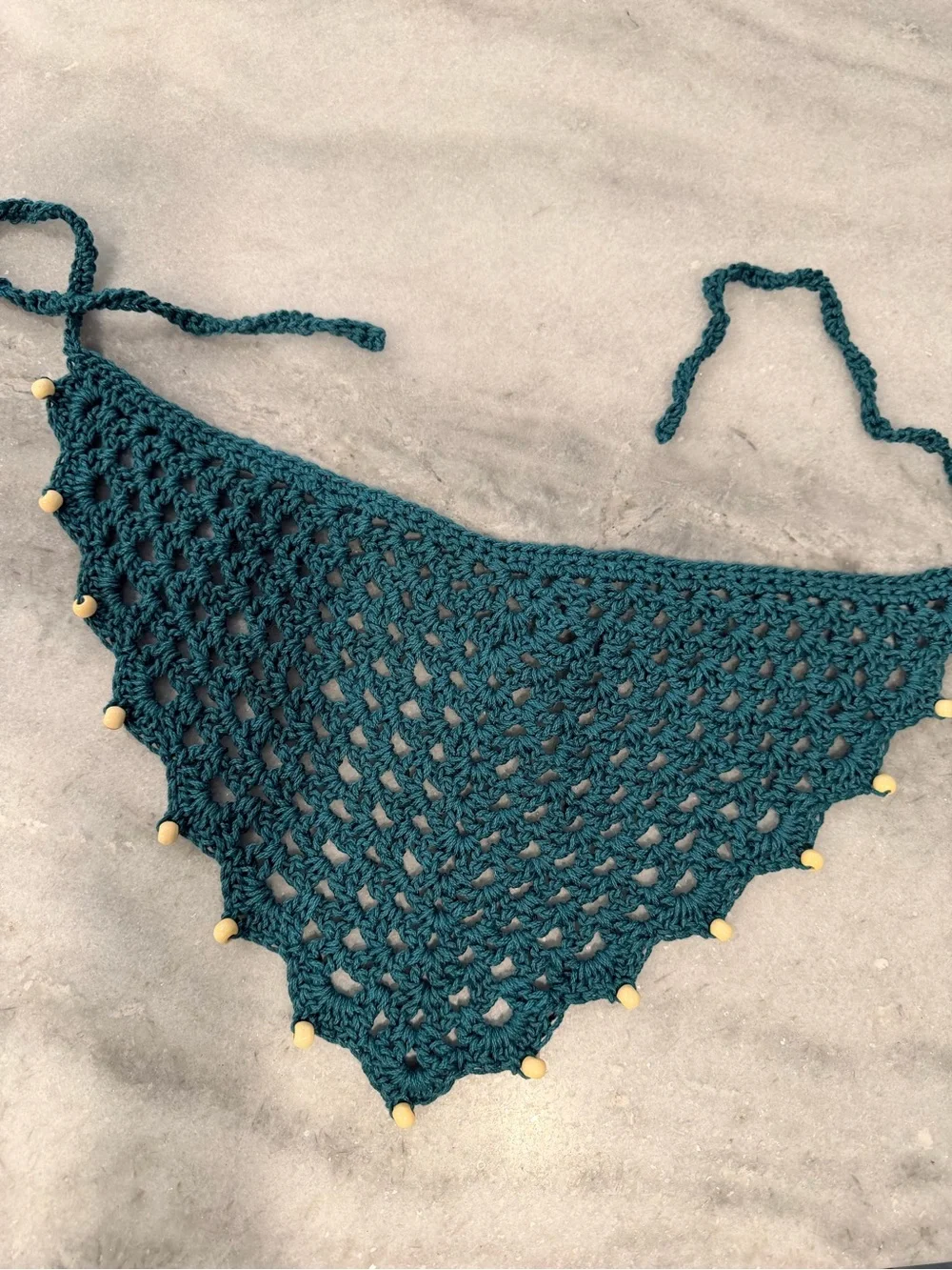 Handmade Crochet Wood Beaded Kerchief Head Scarf Cotton Boho Bandana Cottagecore